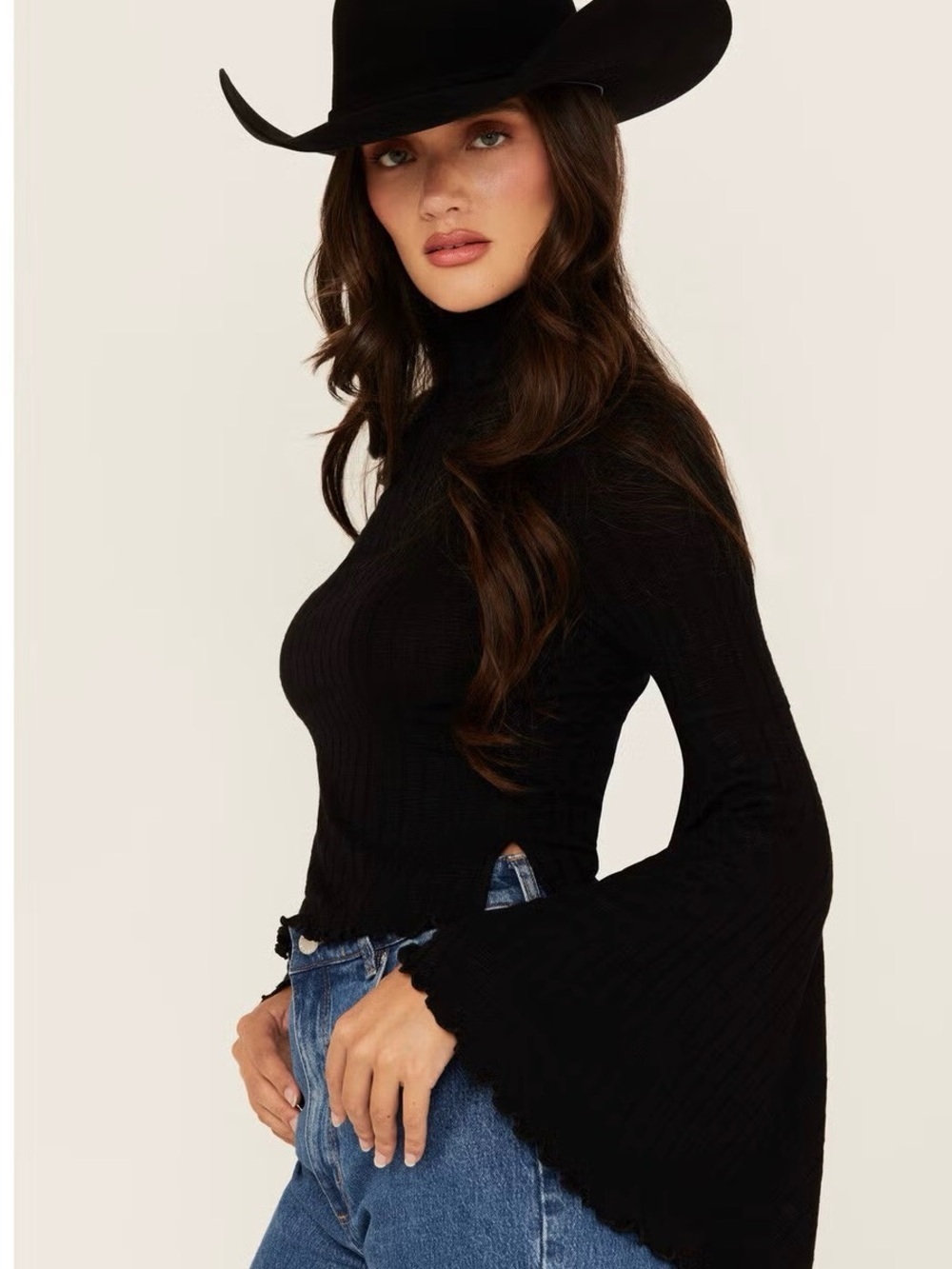 Shyanne Black Ribbed Turtleneck Top with Bell Sleeves